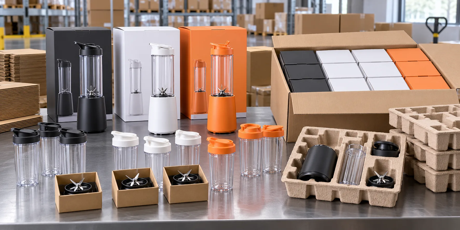 Smoothie blender packaging and fulfillment desk