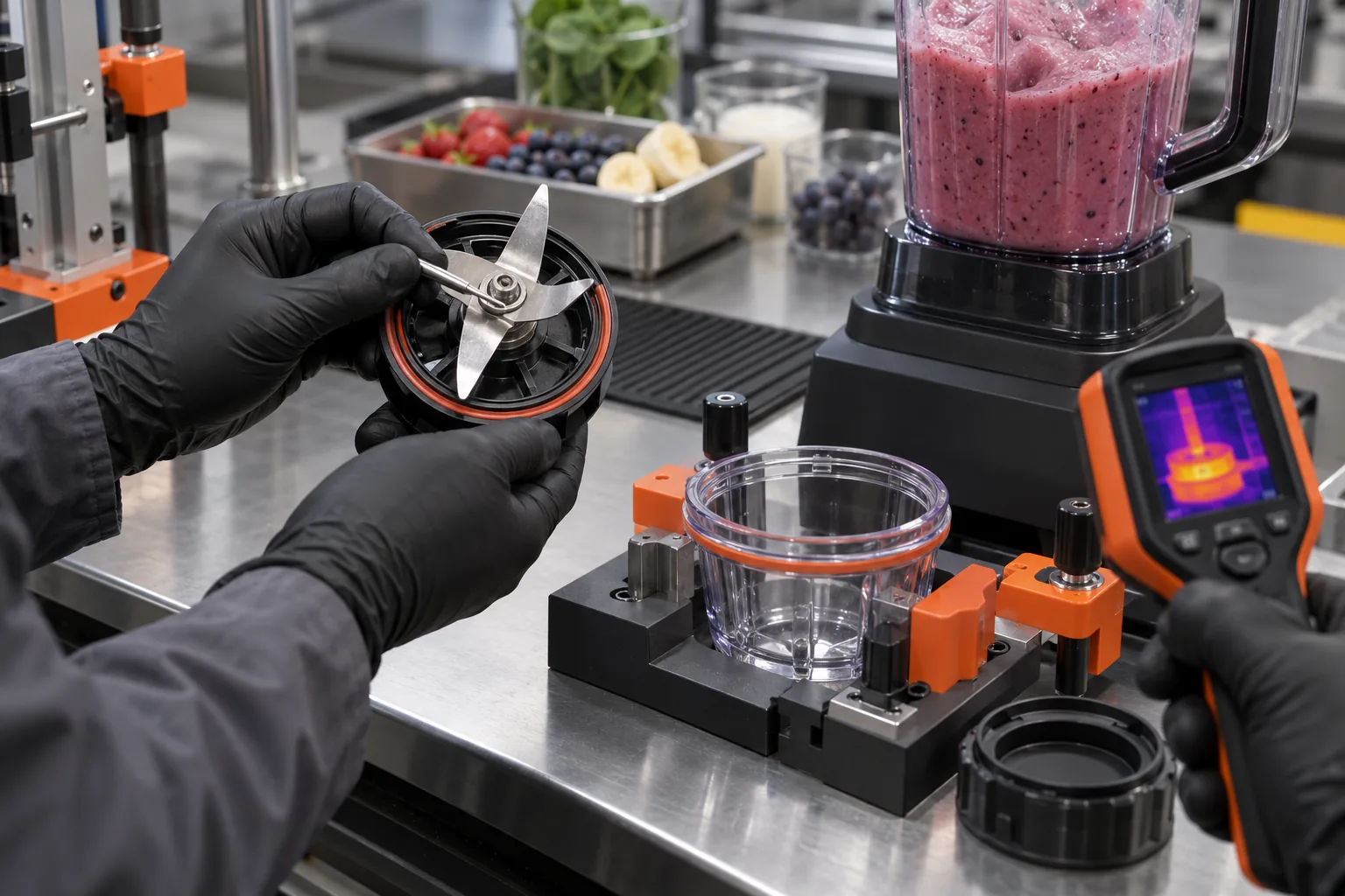 Technician inspecting smoothie blender at a quality desk